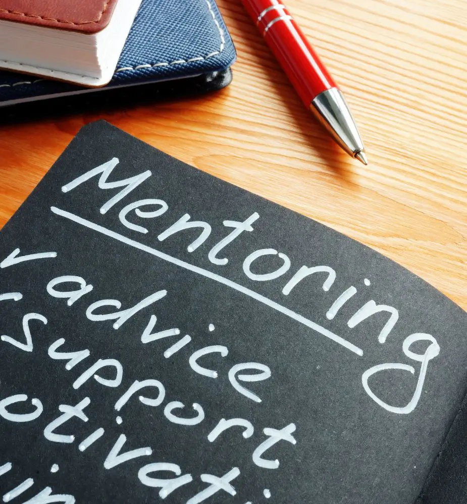White text on a black chalkboard-looking piece of paper. The title is "Mentoring" and there is a checklist of advice, support, motivation.