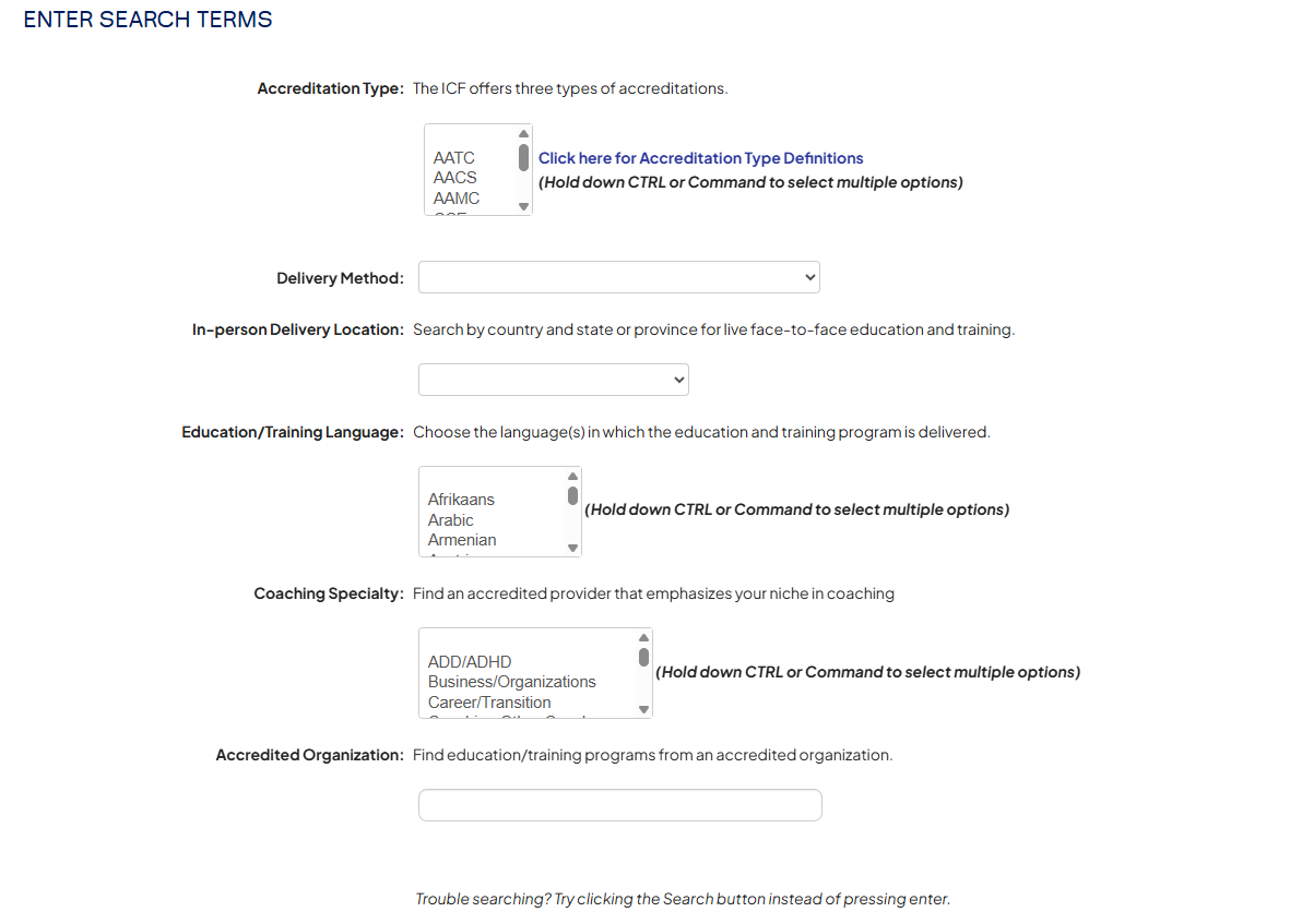 The ICF Education Search Service search form, showing filters for accreditation type, delivery method, in-person location, education language, and coaching specialty